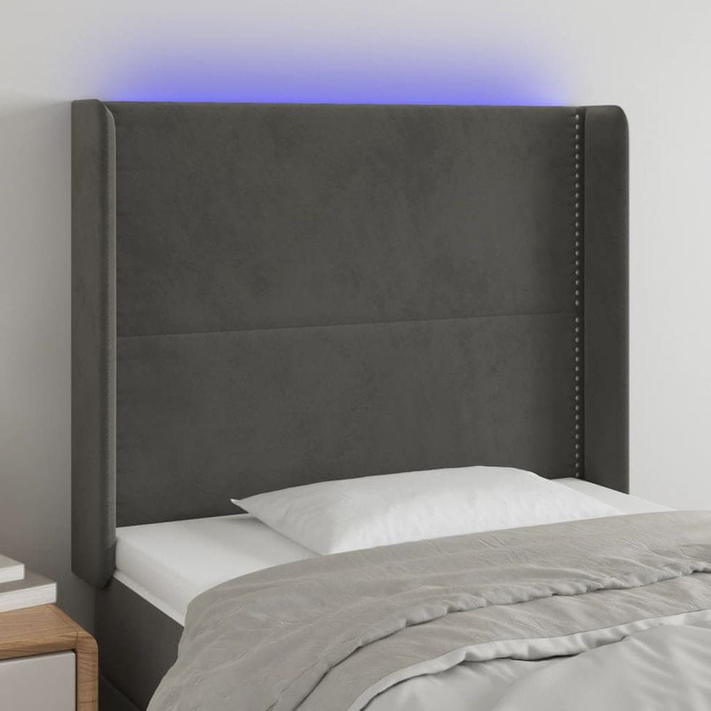 Vidaxl Čelo postele s LED tmavosivé 93x16x118/128 cm zamat